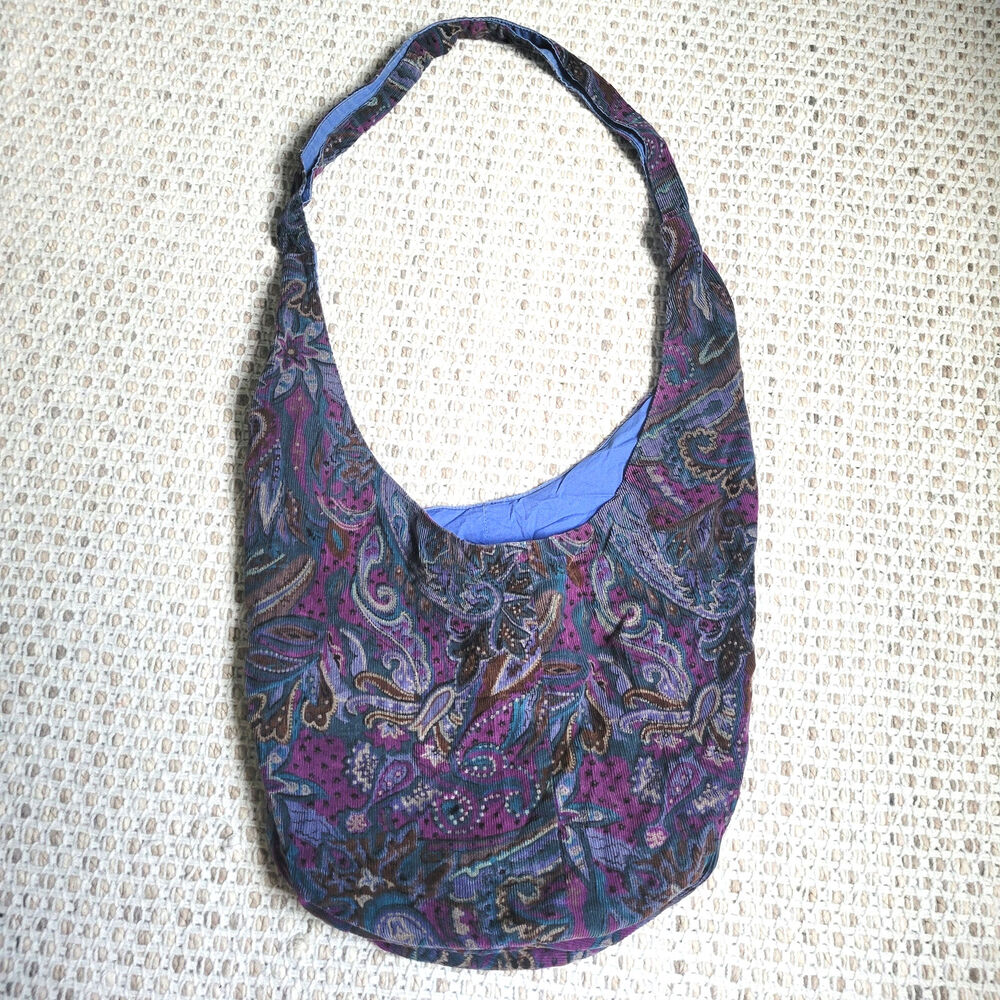 Purple Paisley Slouchy Bag Shoulder Satchel Purse Cotton Corduroy Y2K Whimsical